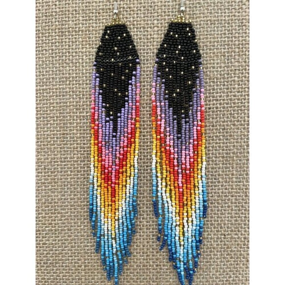 Handmade Miyuki Seed-Bead Fringe Dangling Earrings Midnight To Midday NWT